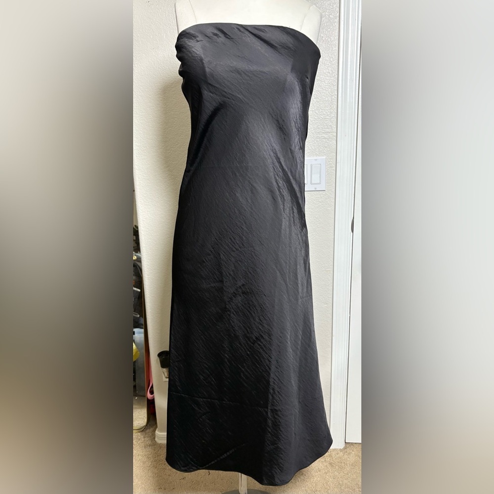 LOFT Black Satin Strapless Slip Midi Dress. A Line Hem, Side Zip. Cocktail. 8
